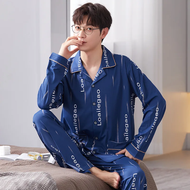 Spring Autumn Men's Knitted Cotton Pajamas Checkered Stripes Lapel Long Sleeve Cardigan Casual Loose Oversized Home Clothing Set