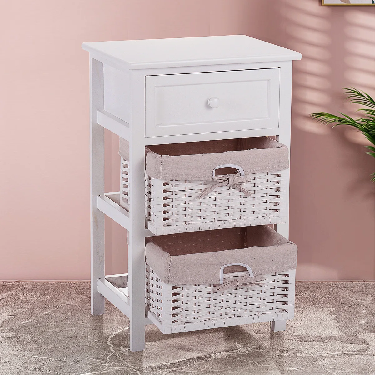 

Modern White One Drawer Nightstand with Tall Legs and Two Removable Baskets for Indoor Storage, Stylish Bedside Table, Contempor
