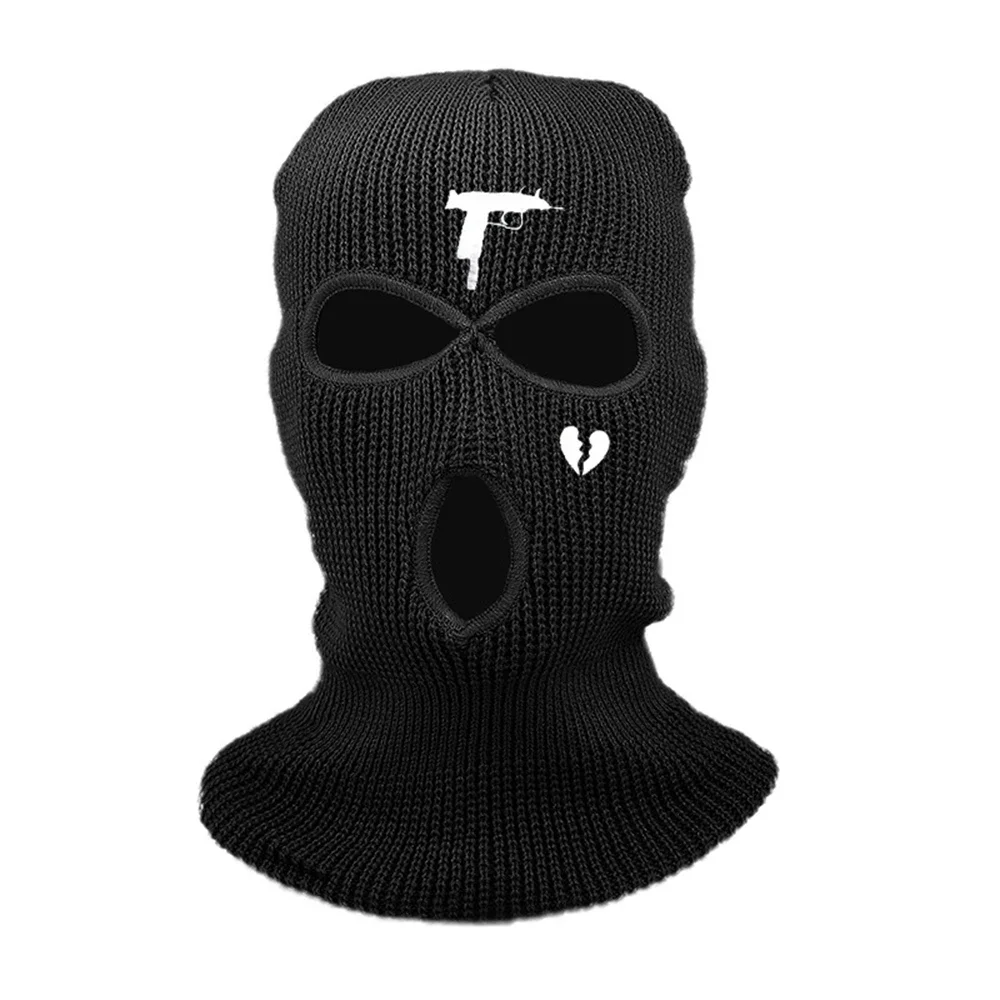 

3 Holes Cycling Hat Winter Warm Unisex Balaclava Mask Hat Embroidery Full Face Mask Knitted Ski Snowboard Cap Hip Hop Beanie