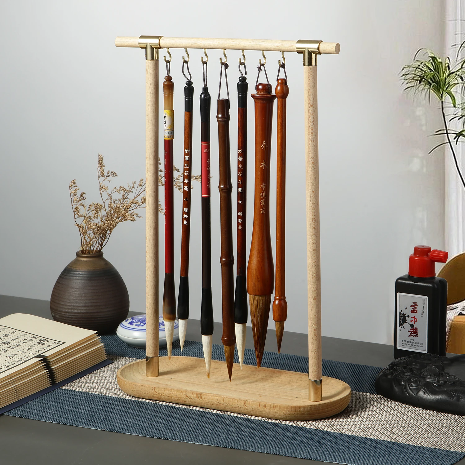 Wood Chinese Brush Pen Holder Calligraphy Rest Ink Hanger For School