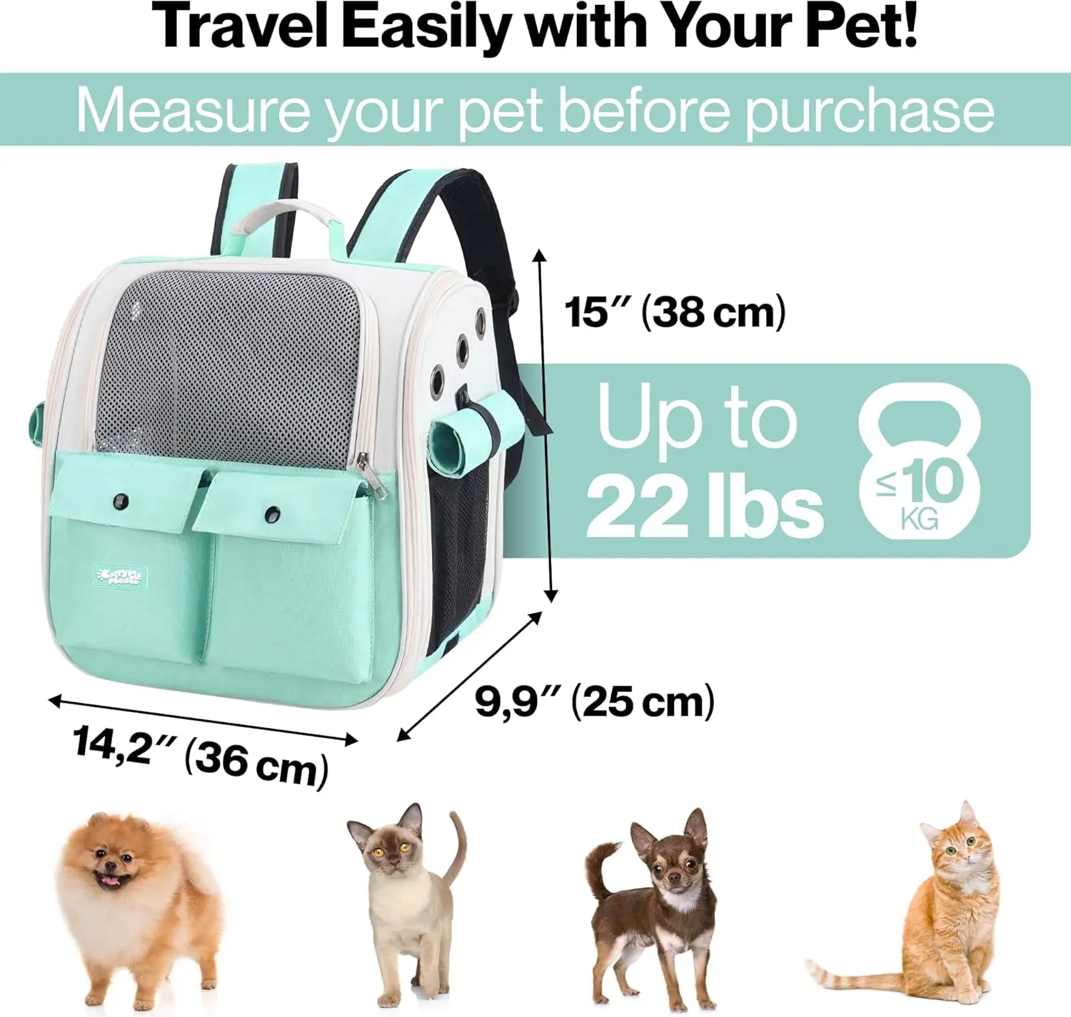 Teal Airline-Approved Backpack Pet Carrier – Travel Bag for Cats & Small Dogs (Up to 22 lbs)