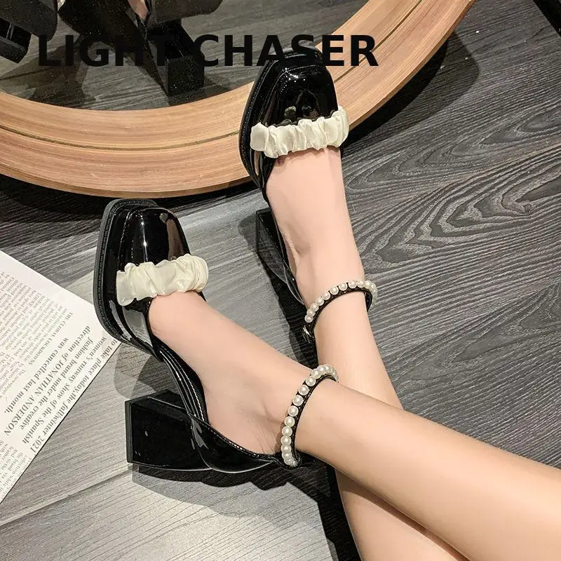 Brand Designer Pumps Luxury Crystal Buckle Spring Summer Female Party Runway Shoes Mary Jane Round Toe High Heels Women Sandal