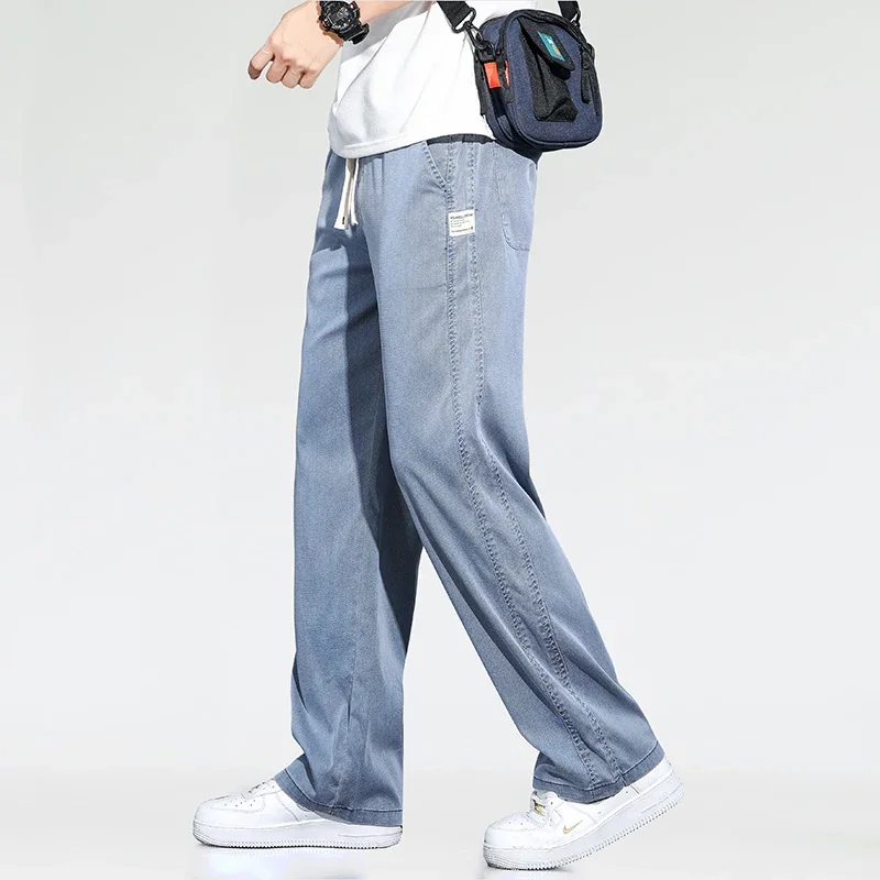 Summer Thin Loose Wide-leg Jeans Soft Elastic Fashion Casual Straight Drawstring Denim Trousers Black Blue Gray