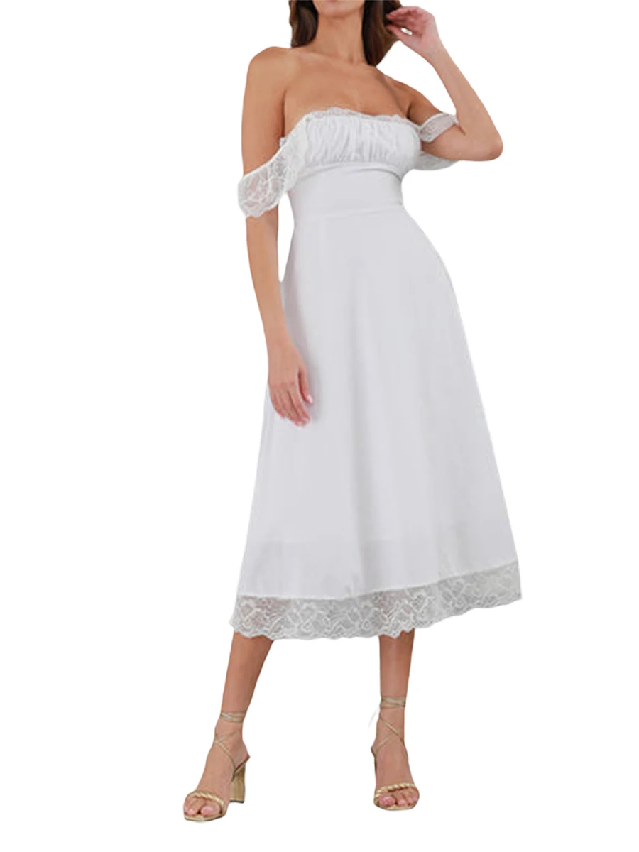 

Women's Summer Fitted Smocked Waist Dress White Square Neck Party Dress Lace Trim Hem Clubwear