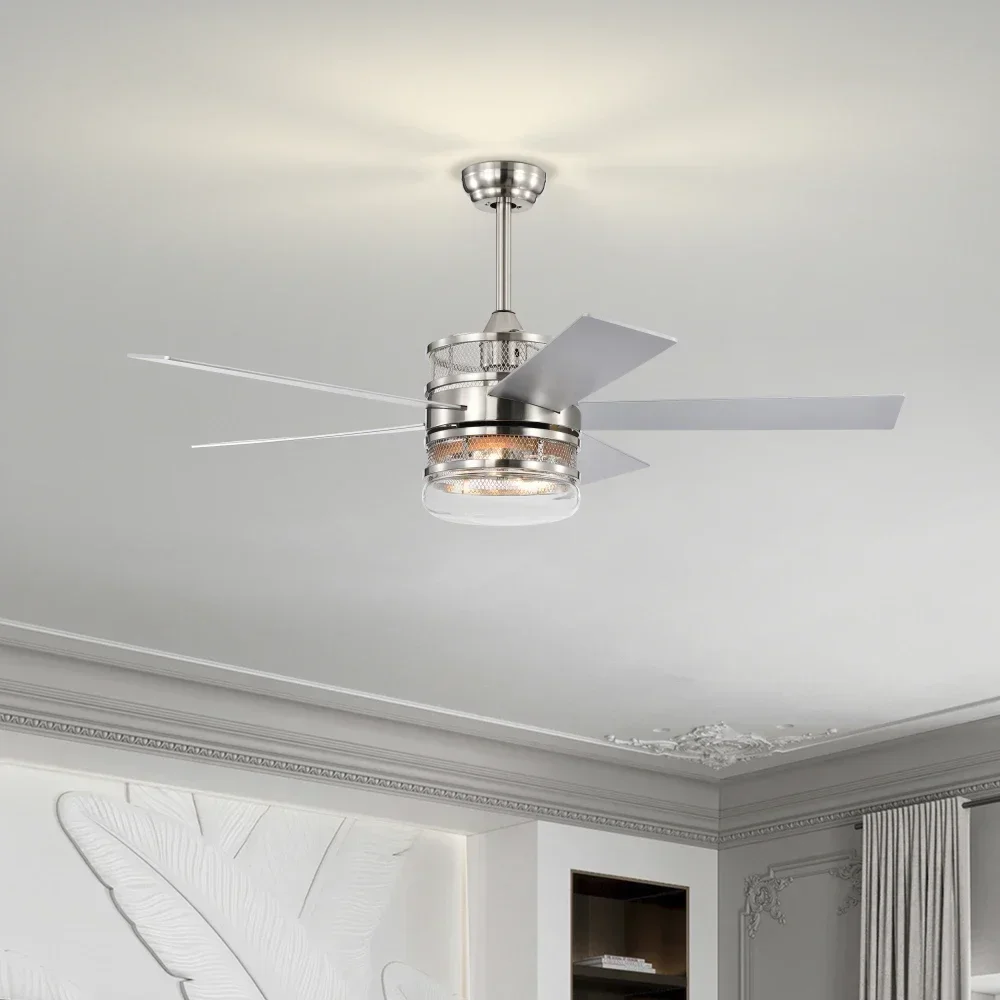52-inch 5-blade Plywood Blades Ceiling Fan ,Dual Lamp Shade Ceiling Fan with Remote Control (Optional Remote)-Satin Nickel
