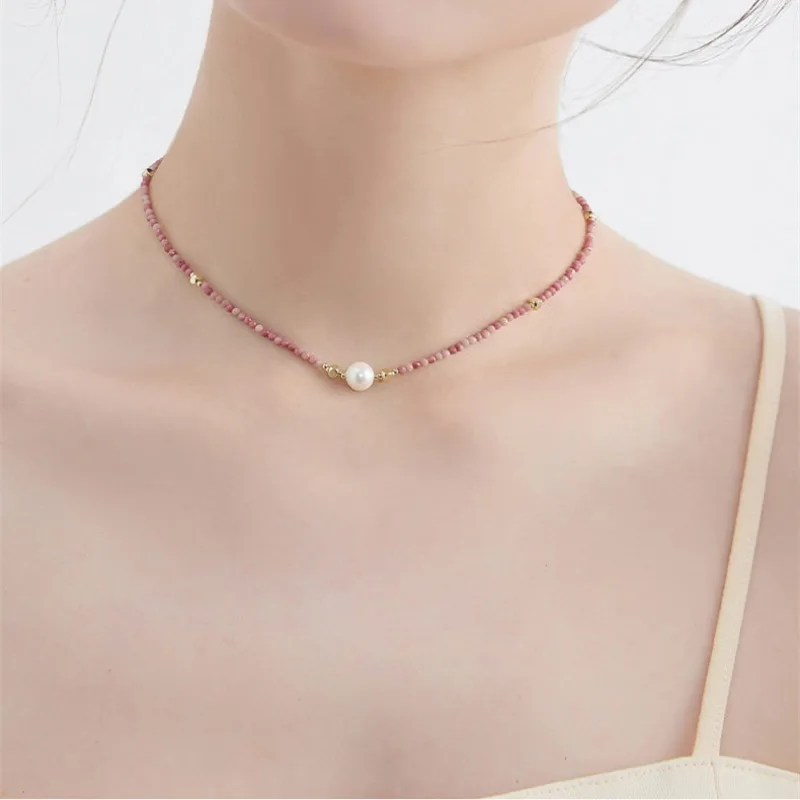 

Minar Boho Pink Red Color Natural Stone Beaded Necklaces for Women 14K Real Gold Plated Copper Imitation Pearl Strand Choker