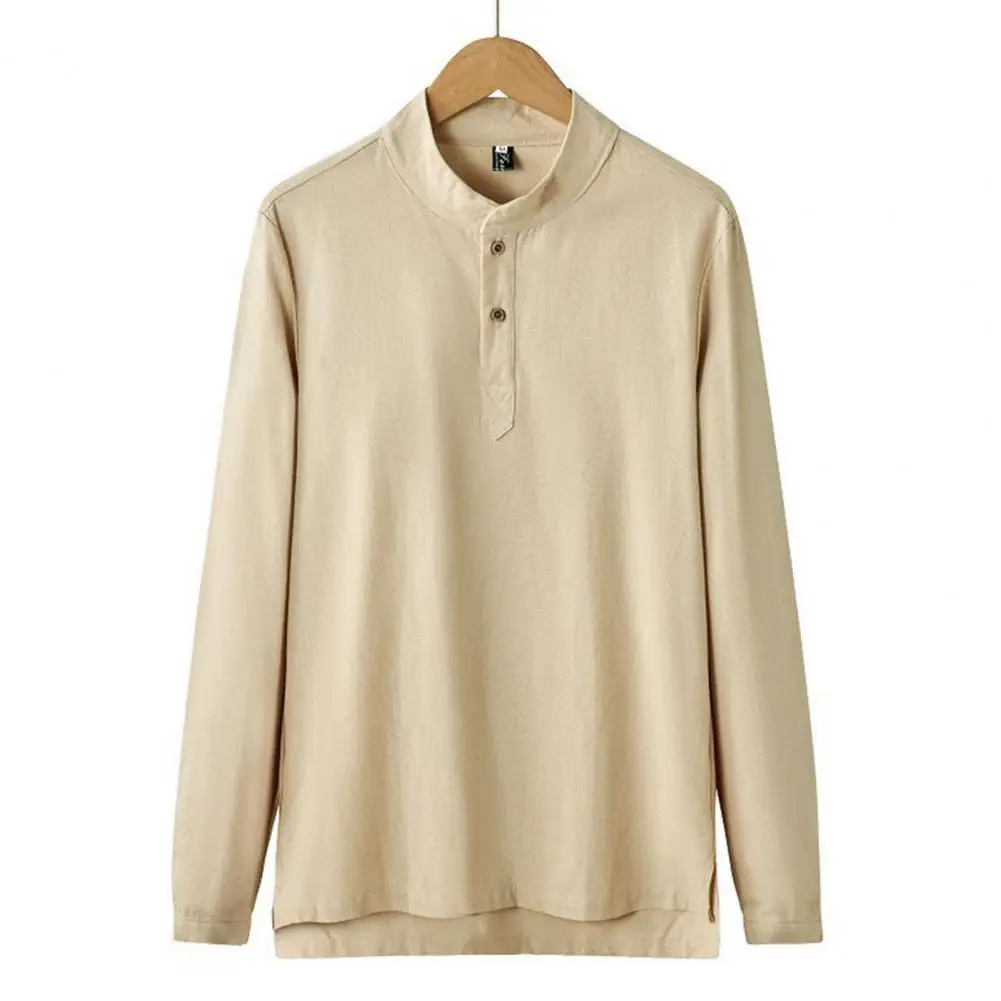 

Breathable Shirt Men Shirt Stylish Men's Stand Collar Pullover Soft Casual Long Sleeve Shirt with Irregular Split Hem Button