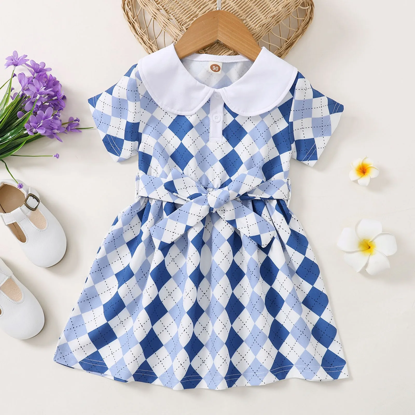 

Toddler Girls Summer Clothing 1-7Y Toddler Girls Summer Dress Short Sleeve Cute Lapel Plaid Dress Princess Casual Party Dress