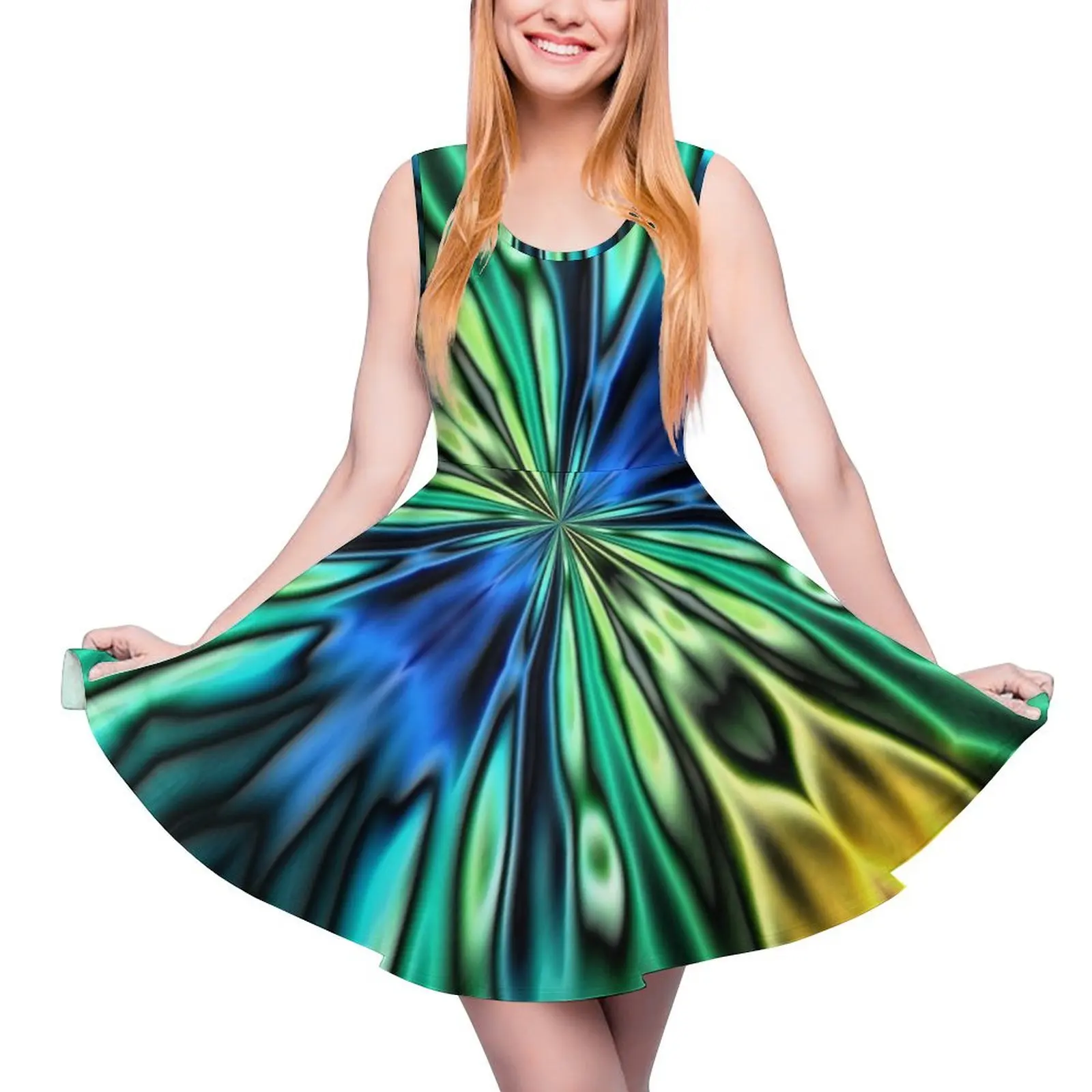

Yellow Blue Green and Black Abstract Round Neck Dress summer dresses women 2024 dress summer 2024 women Summer dresses for women