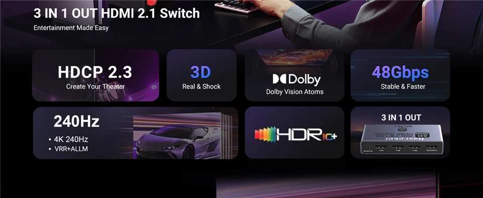 8K HDMI 2.1 Switch Splitter 4K 240Hz 3 Inputs 1 Output 3 port HDMI Switcher with