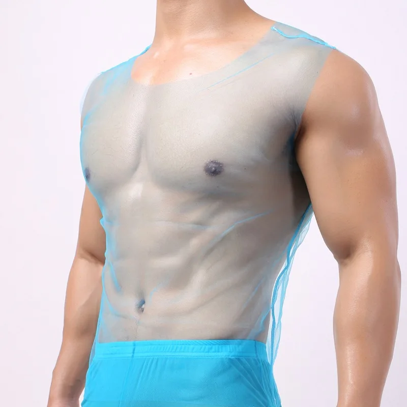 Sexy Men Undershirts Mesh Silk See Through Lingerie Tank Tops Sleeveless Fishnet Shirts Vest Underwear Sissy Slip Nightwear 2XL
