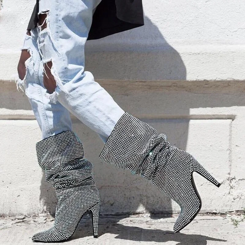

Sexy Crystal Pleated Mid-calf Boots Glittering Rhinestone Cover Heels Pointed Toe Women Runway Shoes Drop Shipping