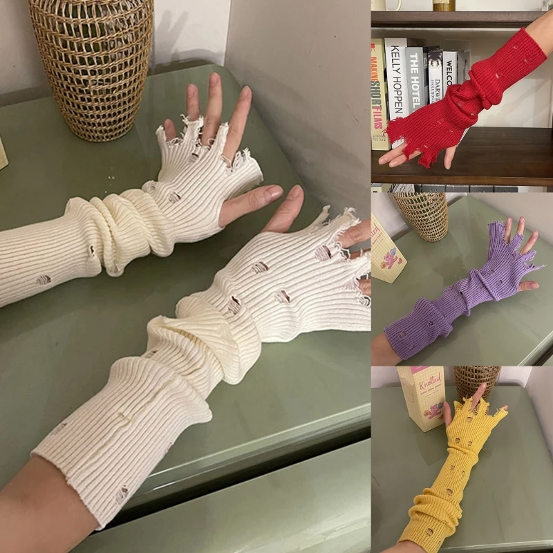 

Cool Girls Fingerless Knit Gloves Subculture Distressed Hollowout Long Gloves