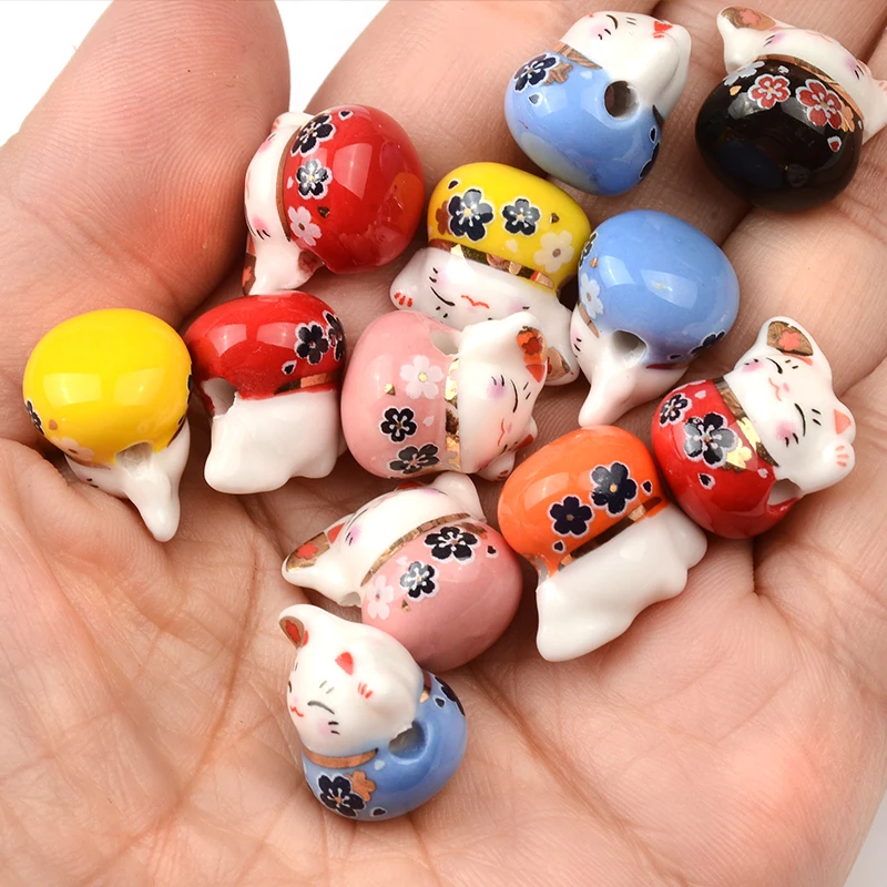10 Beads Porcelain Lucky Cat Beads 15mm, Ceramic Maneki Neko, Drilled With  Hole, White Red/ Pink Kawaii Cattc-148 