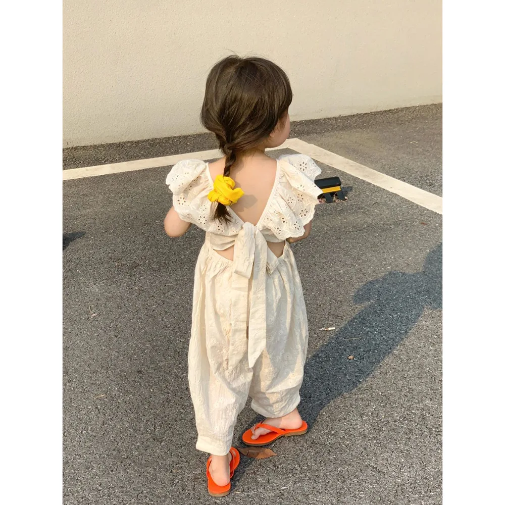 

2023 Summer New Korean Version Embroidered Lace Bow Jumpsuits Baby Girls Kids Solid Cotton Suspenders One Piece Children Clothes