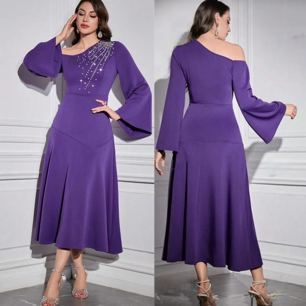 Sparkle Exquisite High Quality Jersey Beading Draped Ruffles Party A-line Off-the-shoulder Bespoke Occasion Gown Midi Dresses