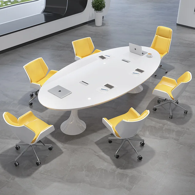 

Office furniture white conference table long table oval simple modern light luxury Nordic negotiation table chair combination tr