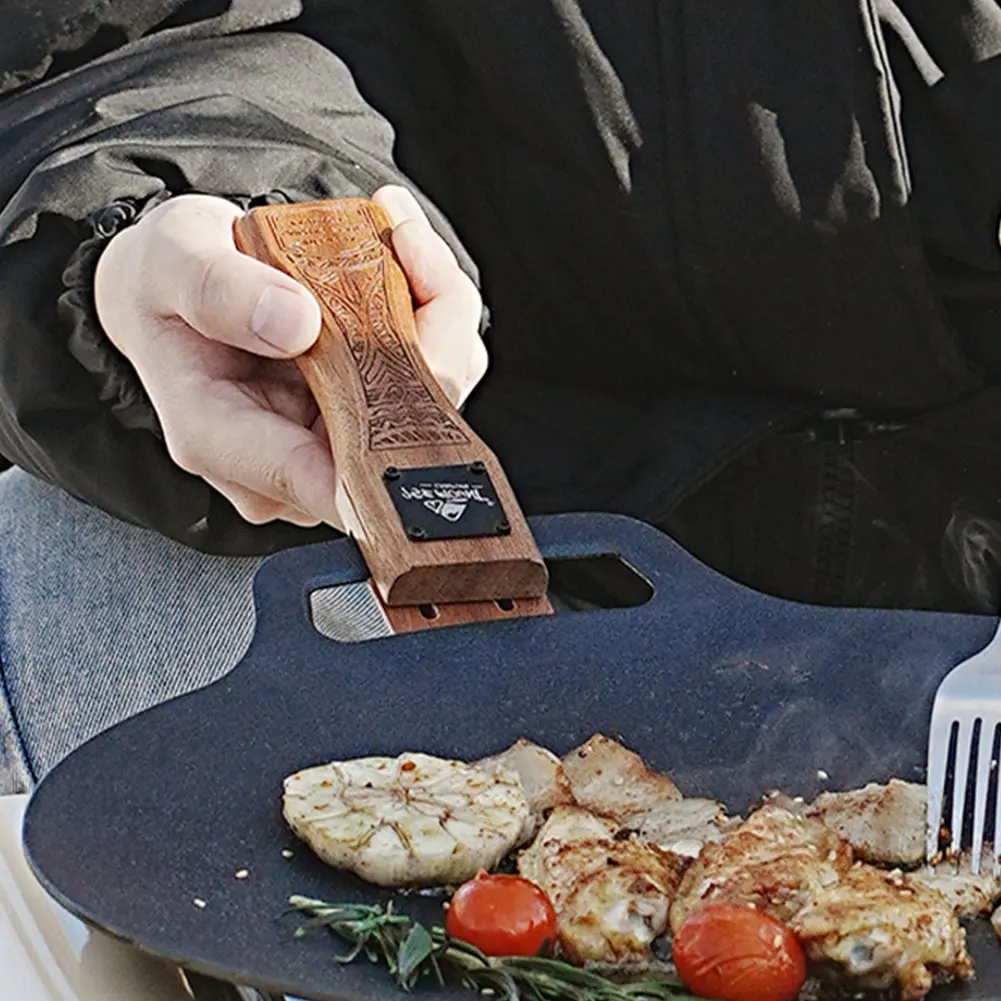 Sapele Outdoor Grill Pan Handle Adjustable Anti-Scalding Solid Wood Handle Portable Grill Plate Outdoor Camping Tool