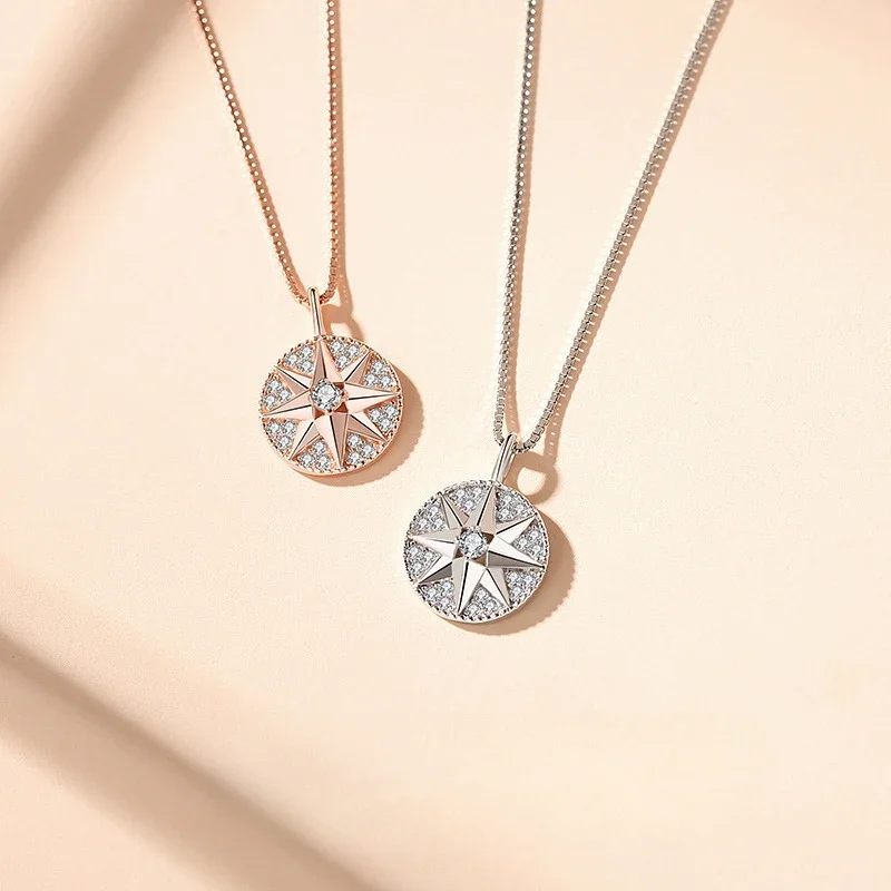 

S925 Sterling Silver Eight Pointed Star Shiny Zircon Women Necklace Girl Charm Elegant Light Luxury Choker Lady Clavicle Chain