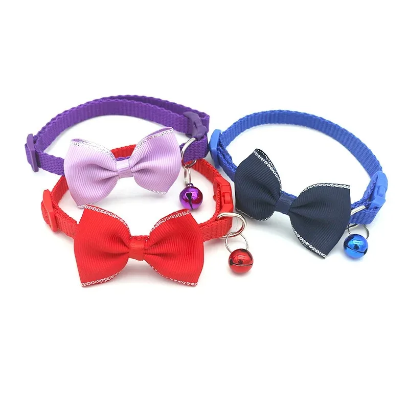 Cat Collar Solid Color Bowknot Puppy Chihuahua Collars with Bell Adjustable Safety Buckle Cats Bow Tie Pets Accessories 4
