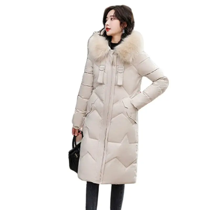 

2023 Winter KeepwarmWadded Women's Parkas Big Fur Collar Hooded Ladies Cotton Padded Coat Slim Quilted Zipper Down Cotton Jacke