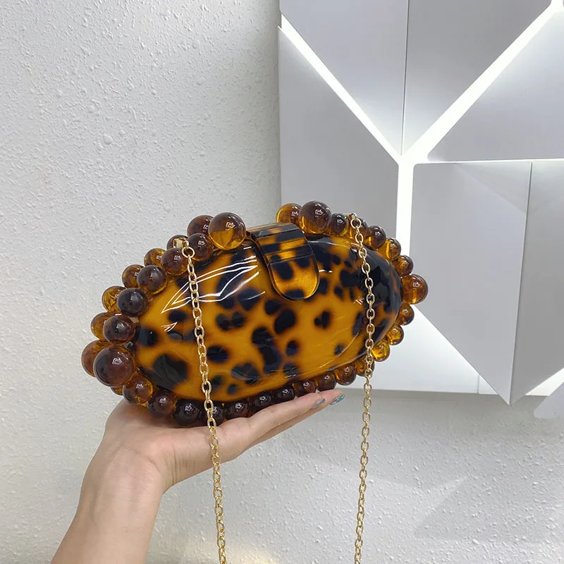 Leopard Beads Acrylic Box Evening Clutch Bag 2025 Women Designer Luxury Sequin Purses And Handbags Wedding Party Purse Clutches