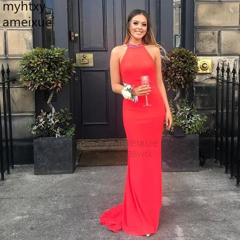 

Sexy Mermaid Style Red Custom Prom Dress Halter Neck Purple Party Gowns Arrival Backless Vestido De matura Evening 2022