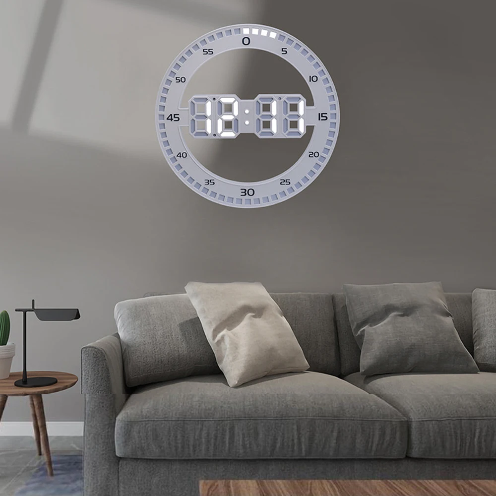 Lydløst 3D digitalt cirkulært lysende LED vægur alarm med kalender, temperaturtermometer til stueindretning_voghion.com