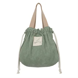 Eco - Friendly Corduroy Canvas Lunch Tote with Drawstring Closure (Green)