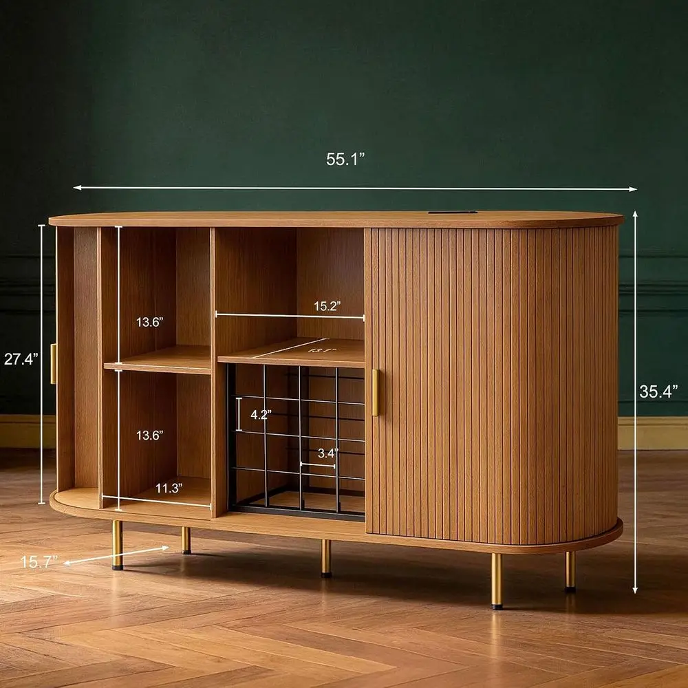 55 Wine Bar Cabinet with Storage, Fluted Liquor & Coffee Bar Cabinet with Wine Rack and Glass Holder, et Sideboard LED