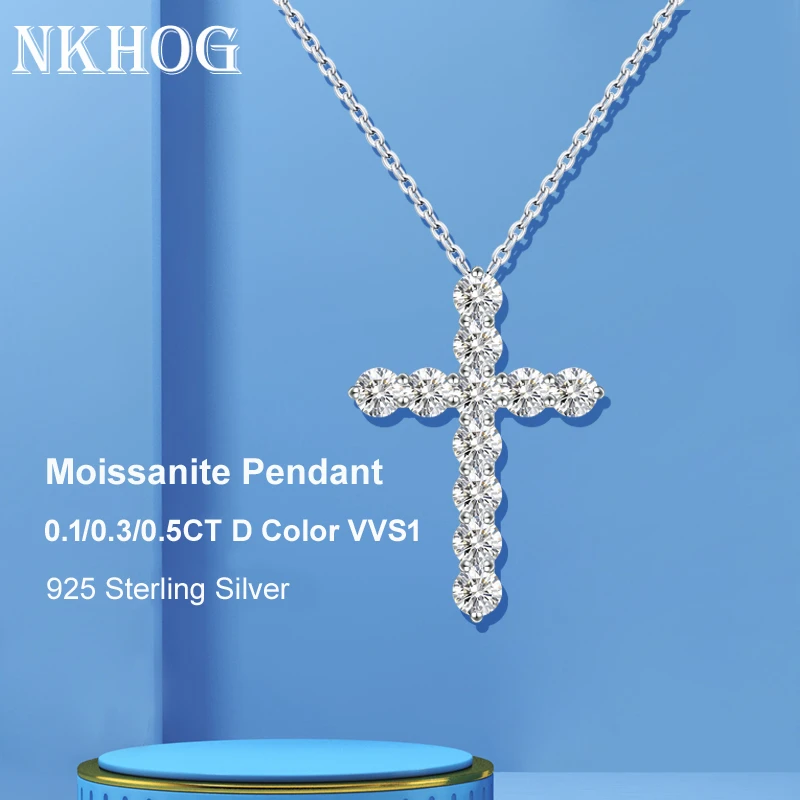 NKHOG 3/4/5mm D Color Moissanite Cross Pendants Necklace For Women 925
