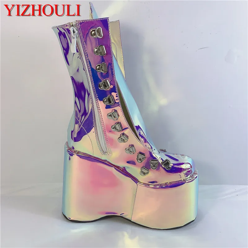 

Magic purple 12.5cm fashion wedge heel, stage performance, street style, sexy custom boots, model club ankle dance shoes