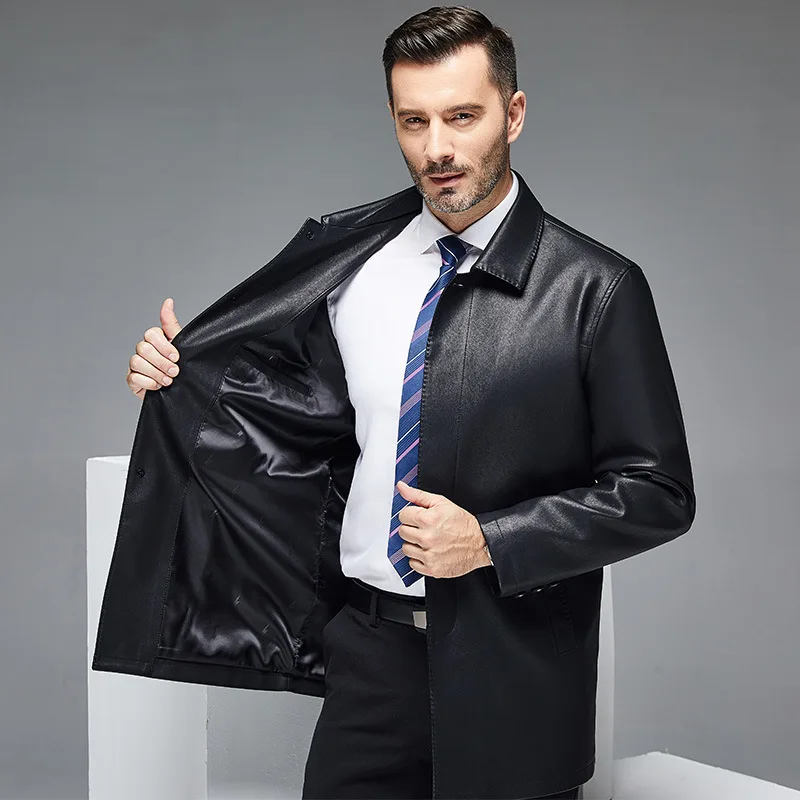 Black Casual Leather Coat Men Medium Length Windbreaker Male Wears Leather Jacket Spring Autumn Trench Clothing winter fashion coat mens medium length drop shoulder trench coats male business casual cashmere jackets men clothing overcoats