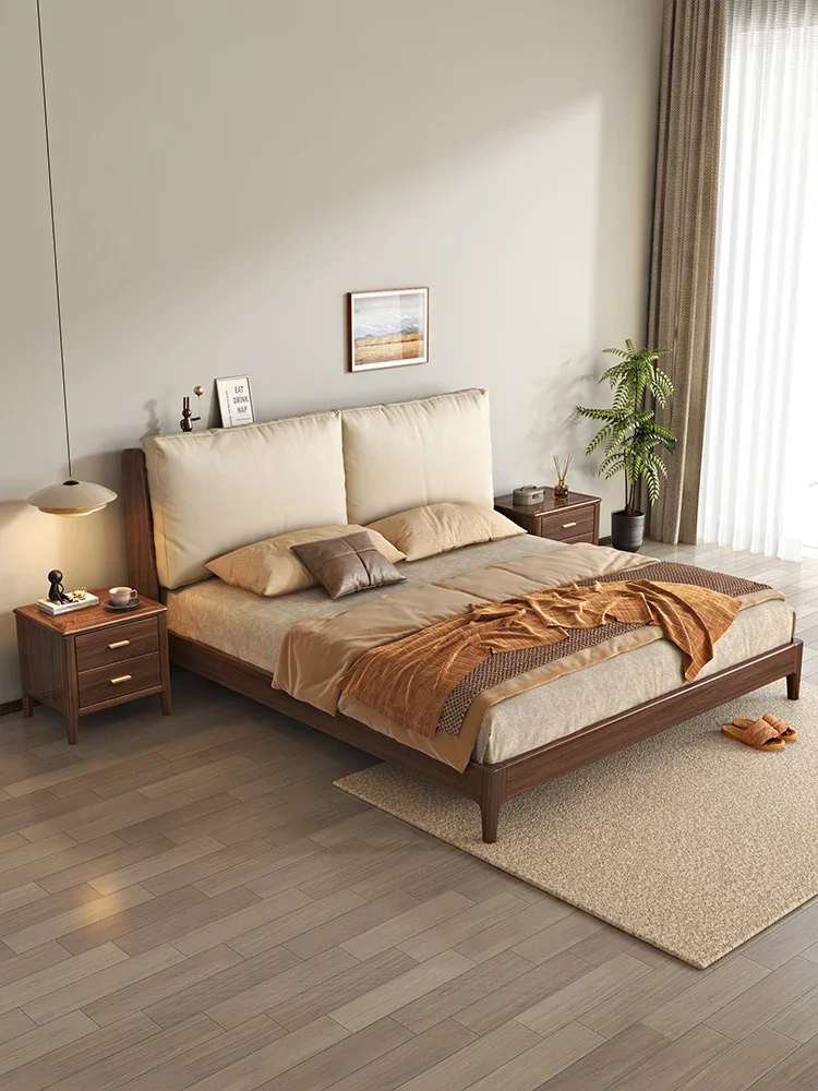 

New Chinese style solid wood bed 1.8m modern simple black walnut walnut color 1.5m master bedroom double wedding bed soft bagbed