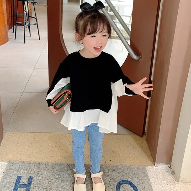 Spring Autumn Girls Children Lapel Blouse With Flared Sleeves Shirt Long-Sleeved Cotton Lace Child Girl Tops Blouse Kids Clothes