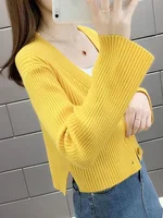 High Waist Asymmetric Long Sve V-Ne Knitted Open Cardigan Women's Spring Autumn Outerwear Small awl Jaet Pure Color