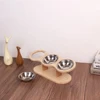 Anti Knock Pet Food Bowl with 3 Stainless Steel Bowls Wooden Pet Bowl Rack  Adjustable and Detachable Suitable for Cats and Dogs 5