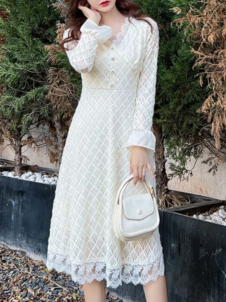 

2024 Spring Elegant Lace Fairy Dress Women Sweet Vintage Sexy V-Neck Long Sleeve Dress Female Fashion Korean Casual Party Dress