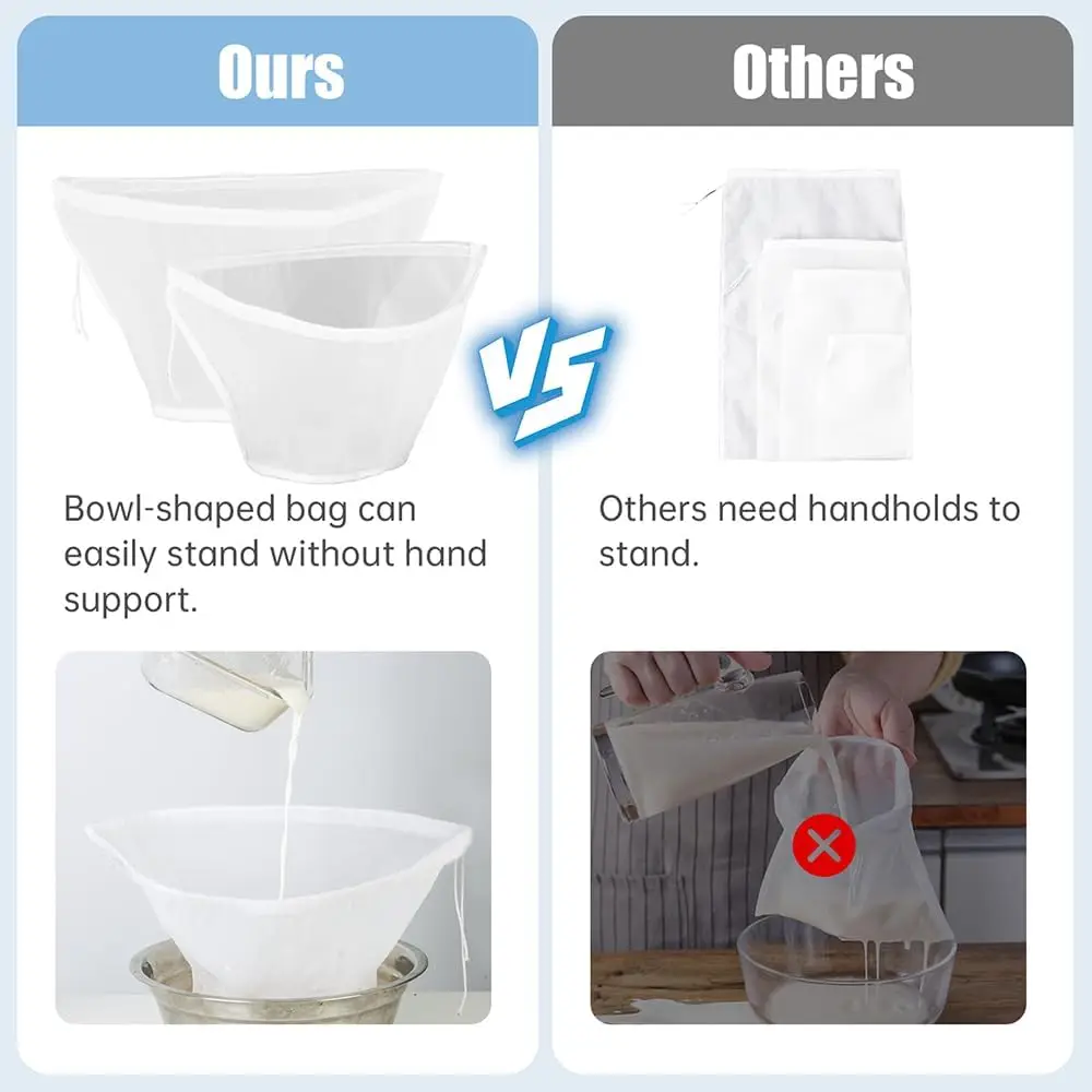 2PACK(1x200 Micron & 1x125 Micron) Bowl-shaped Nylon Nut Milk Bag, Cheese Cloths, Reusable Cheese Cloth Bag for Straining
