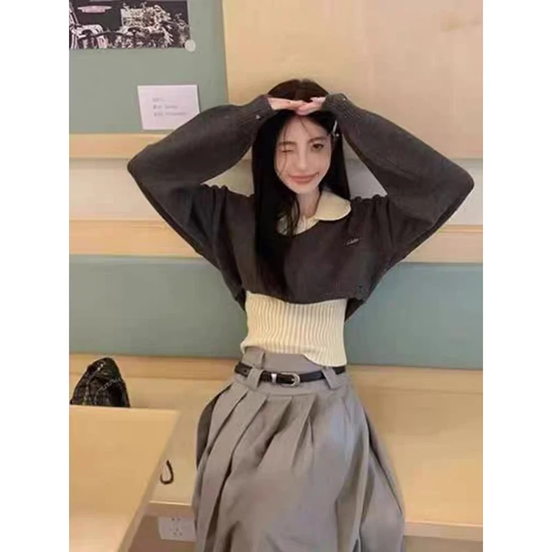 YIBASHU Winter Women Two Piece Sets Long Sleeve Crop Sweater Knitwear Preppy Sweater Pullovers Jumper College Jerseys Shoujo 90s