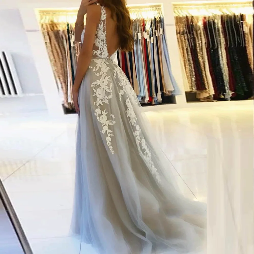 

ANGELSBRISEP V-Neck Long Evening Party Soiree Robe Sexy Backless Appliques Floor-Length Formal Princess Prom Dress Custom Made