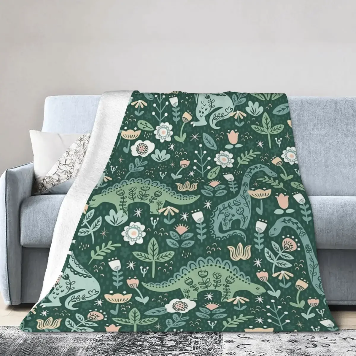 

Folk Floral Dinosaur Blanket Soft Warm Flannel Throw Blanket Bedding for Bed Living room Picnic Travel Home Sofa