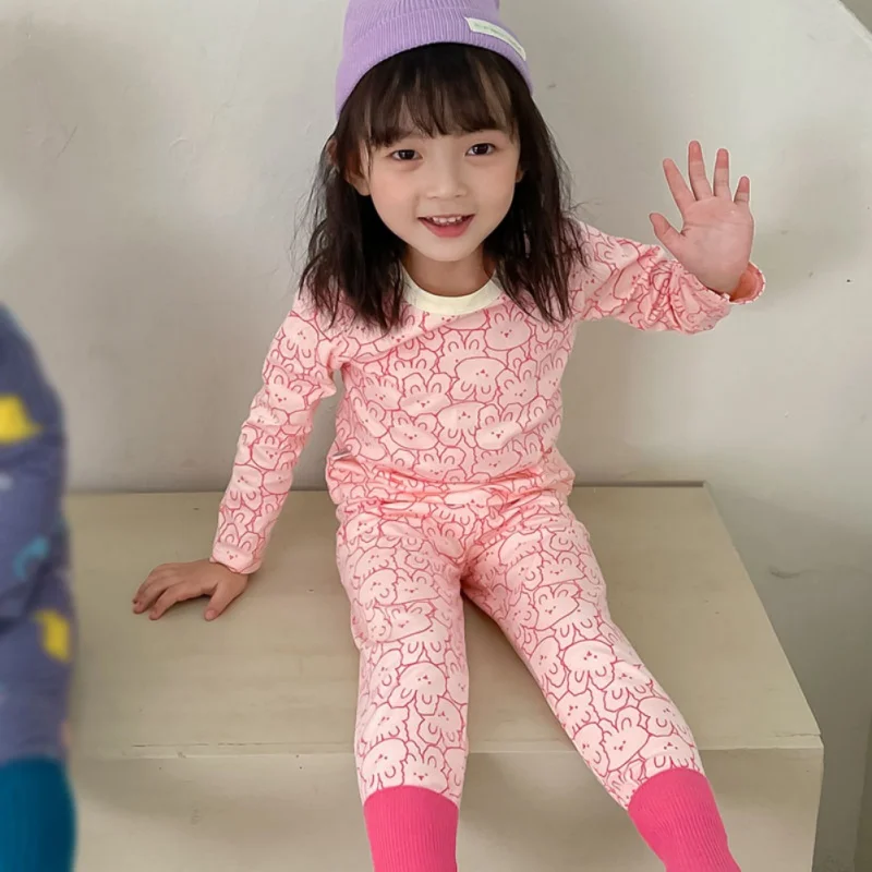 Children's Spring Autumn Homewear Boys Cotton Long Sleeve Trousers Set Girls Cartoon Print Pajamas Set