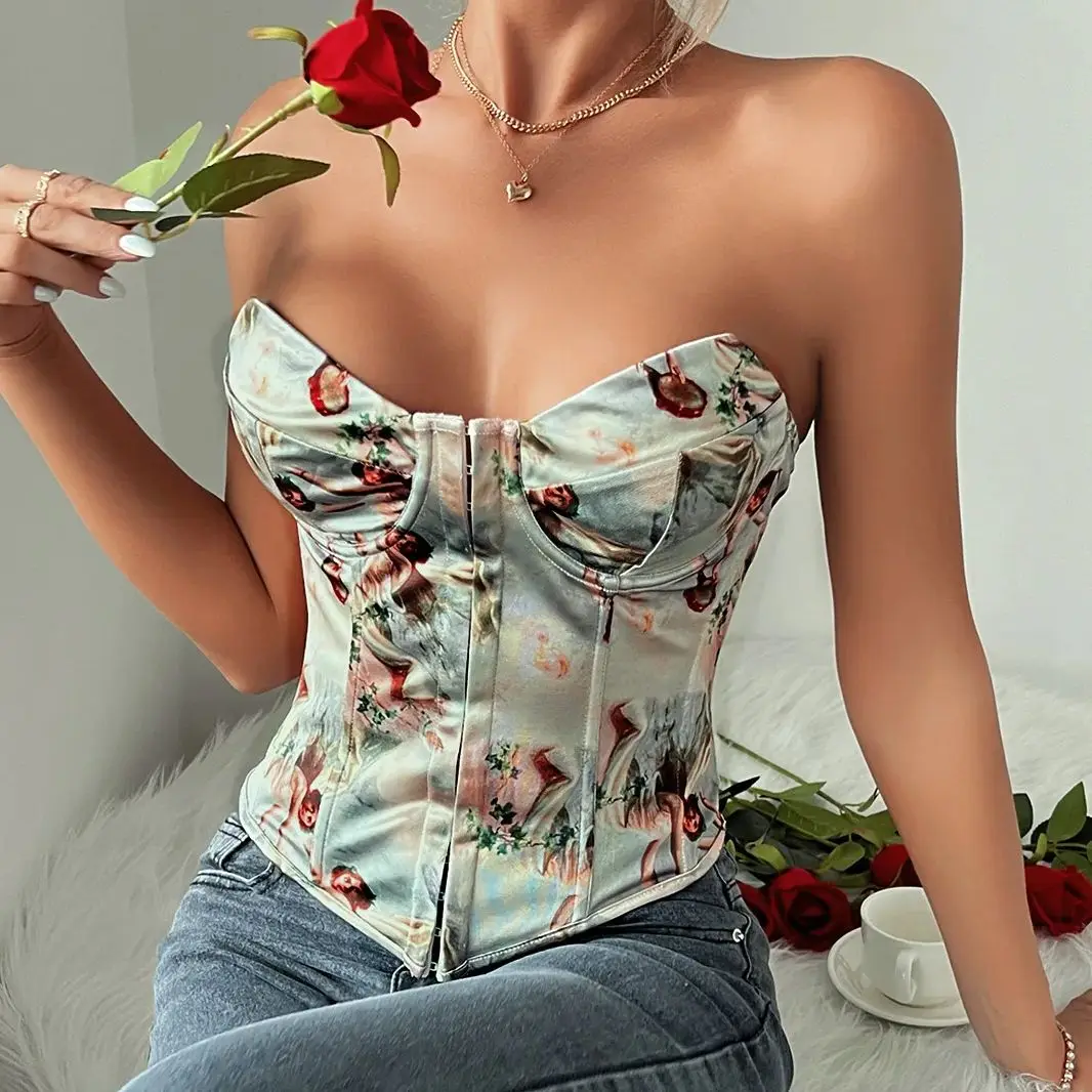 

Women Elegant Lace-up Top Sexy Print Vintage Sleeveless Off Shoulder Corset Bustier Tank Tops Slim Lingerie Camisole Streetwear