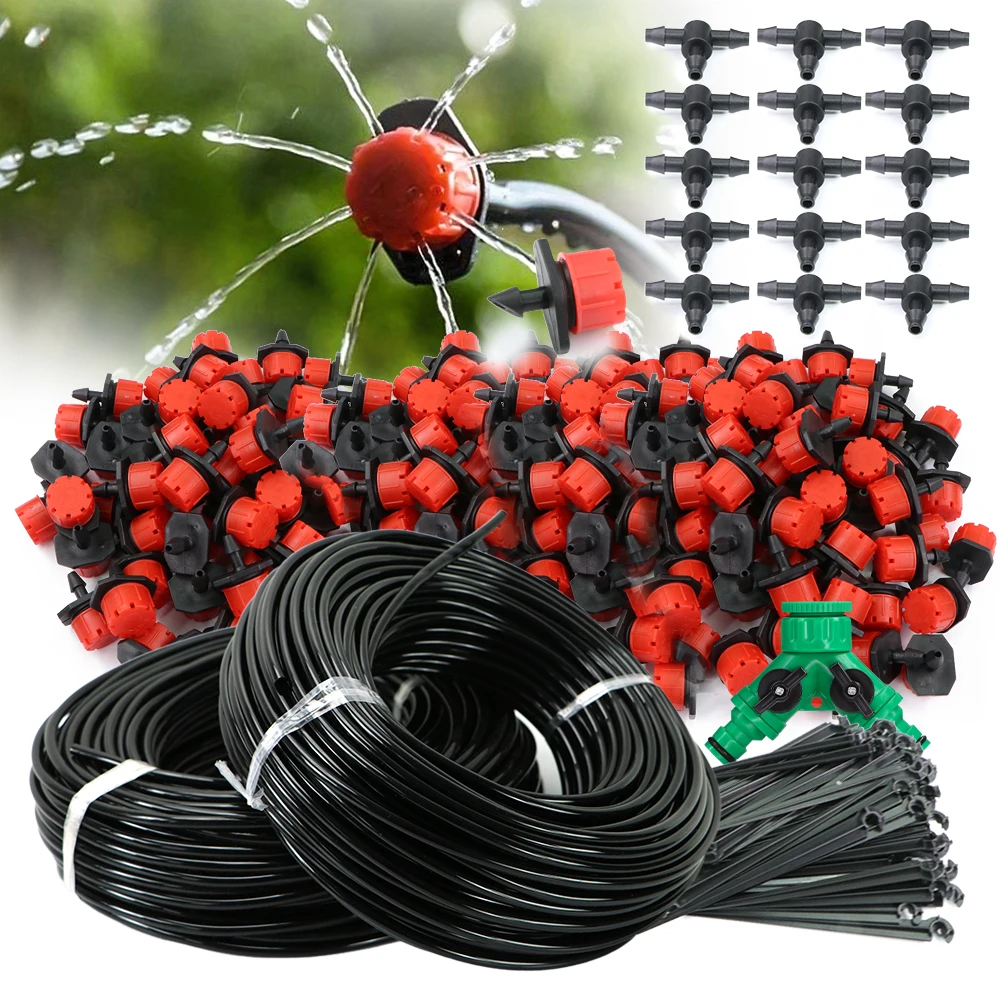 Garden 1/4"Drip Irrigation Kit Automatic Plant Watering System Adjustable Nozzle for Farmland Bonsai Flower Vegetable Greenhouse