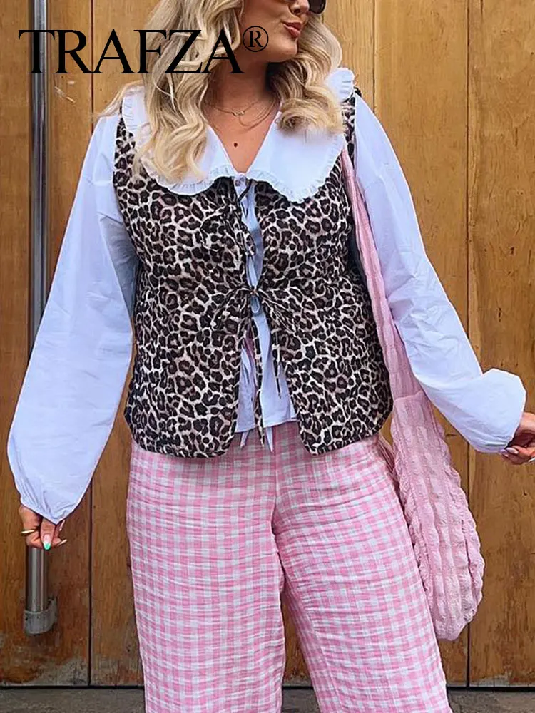 HH Women Vintage Leopard Print Vest Bow Front Tie Top V Neck Sleeveless Vest Coat 2025 Summer Female Fashion Streetwear Tops