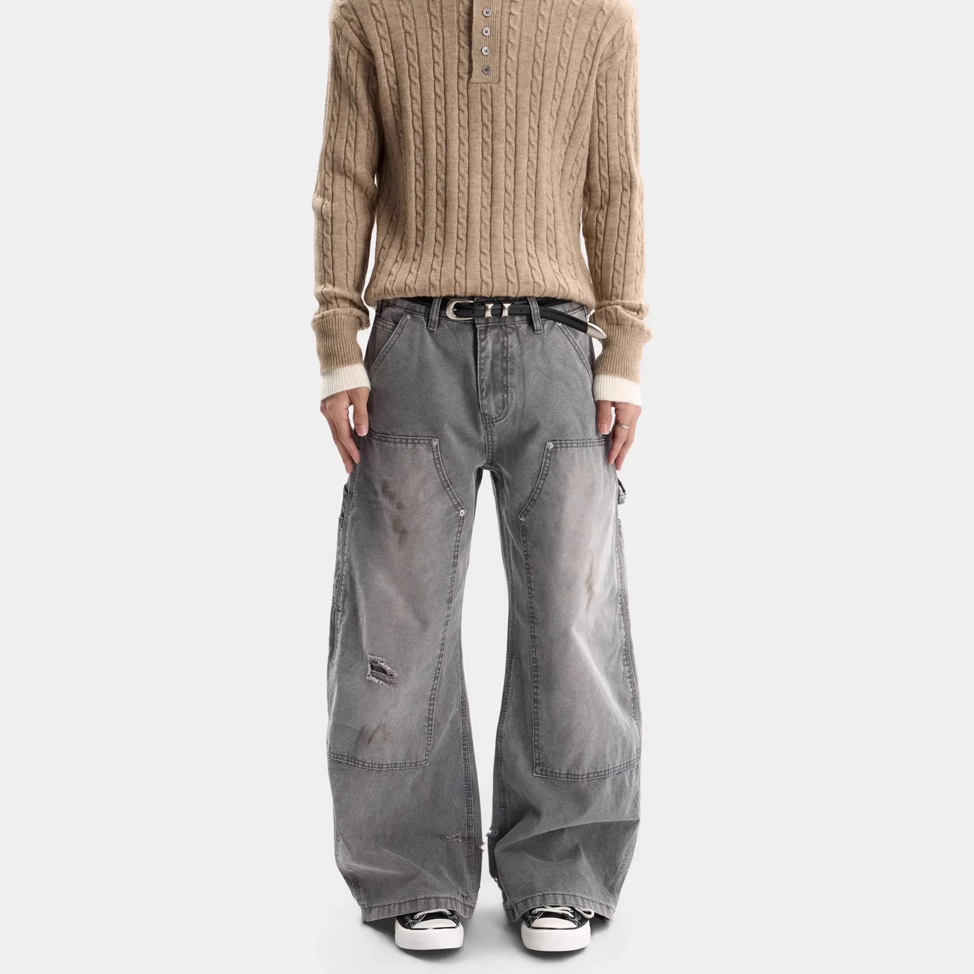 Vintage Distressed Knife Pants Loose Fitting Men's And Women's Style Aged Look Casual Jeans Long Trousers with Pockets 3