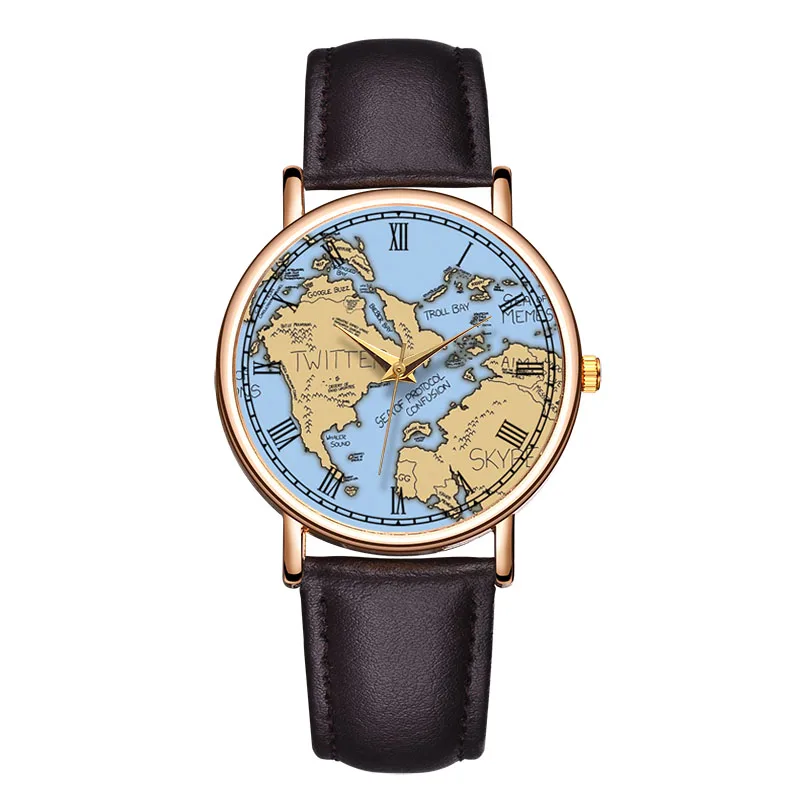 Mode Damen uhr Farbe Weltkarte Leder wasserdichte Quarz Armbanduhr
