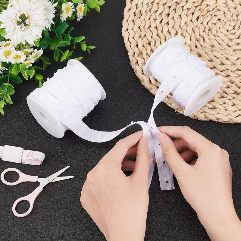 10 Yards White Snap Button Trim Tape - Durable Polyester Fastener with Press Stud Closures