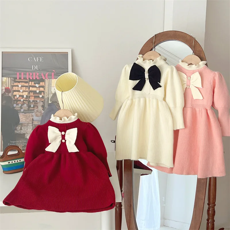 

Sweater Girls Childrens Clothing Knitting New Bow Knot Fashion Baby Striped Long Sleeve Puff Sleeve Flower Collar